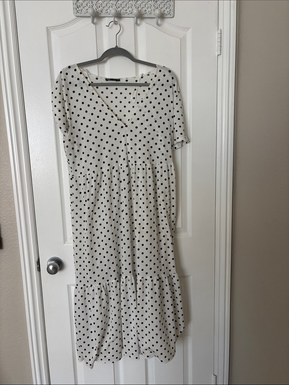 Zara White Midi Dress with Black Polka Dots